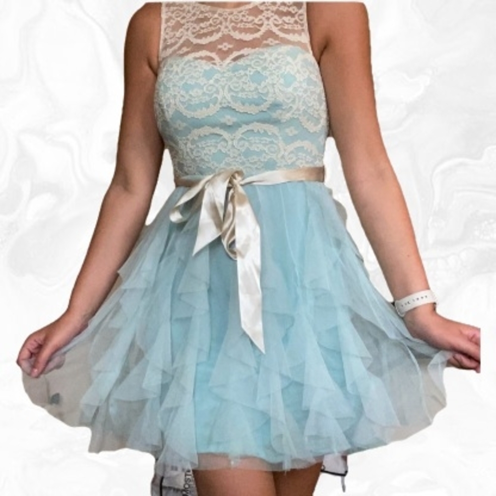 Teeze Me Lace and Tulle Prom Dress in Blue and Cream